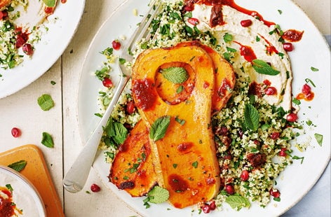 Image of "Butternut squash steaks with houmous and jewelled couscous"