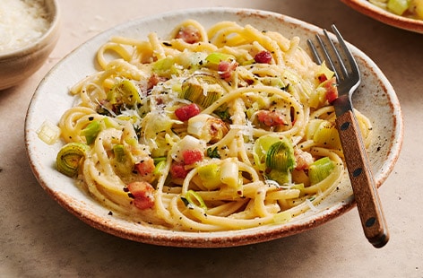 Image of "Leek, thyme and pancetta carbonara"