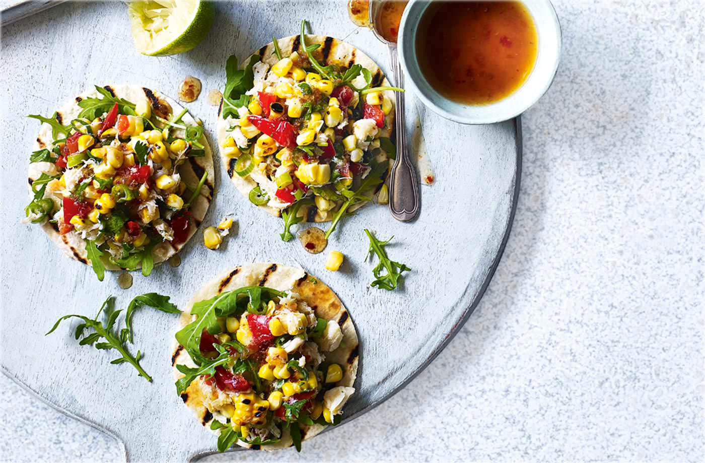 Crab and sweetcorn tostadas