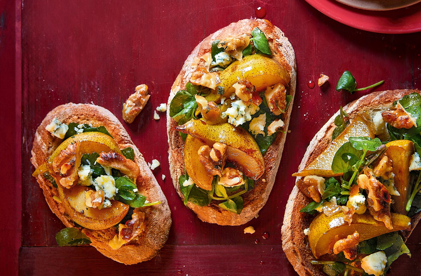 Pear, Stilton and candied walnut bruschetta