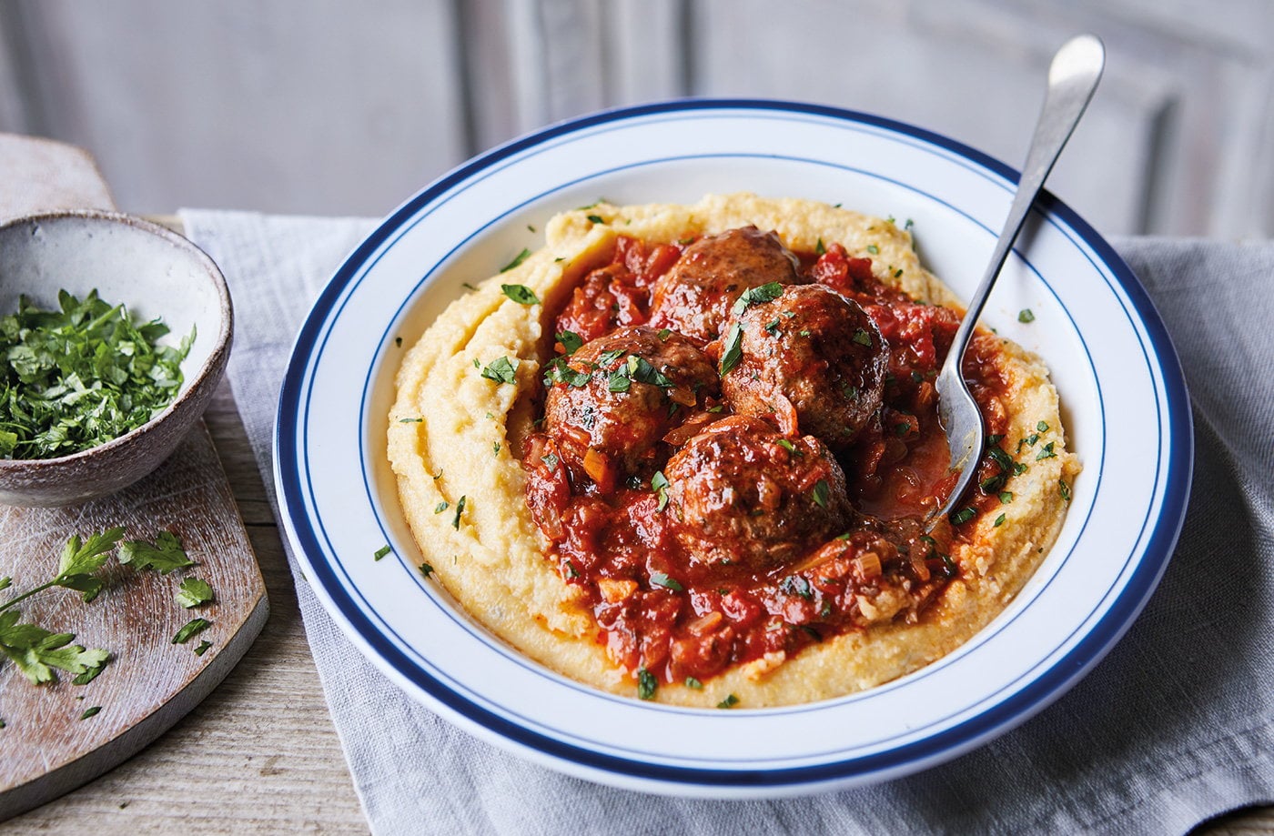 Blue cheese polenta with meatballs