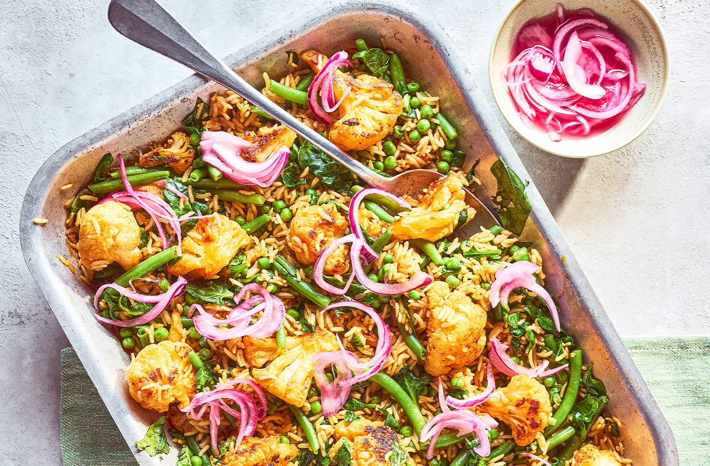 Full-of-greens roasted cauliflower pilaf