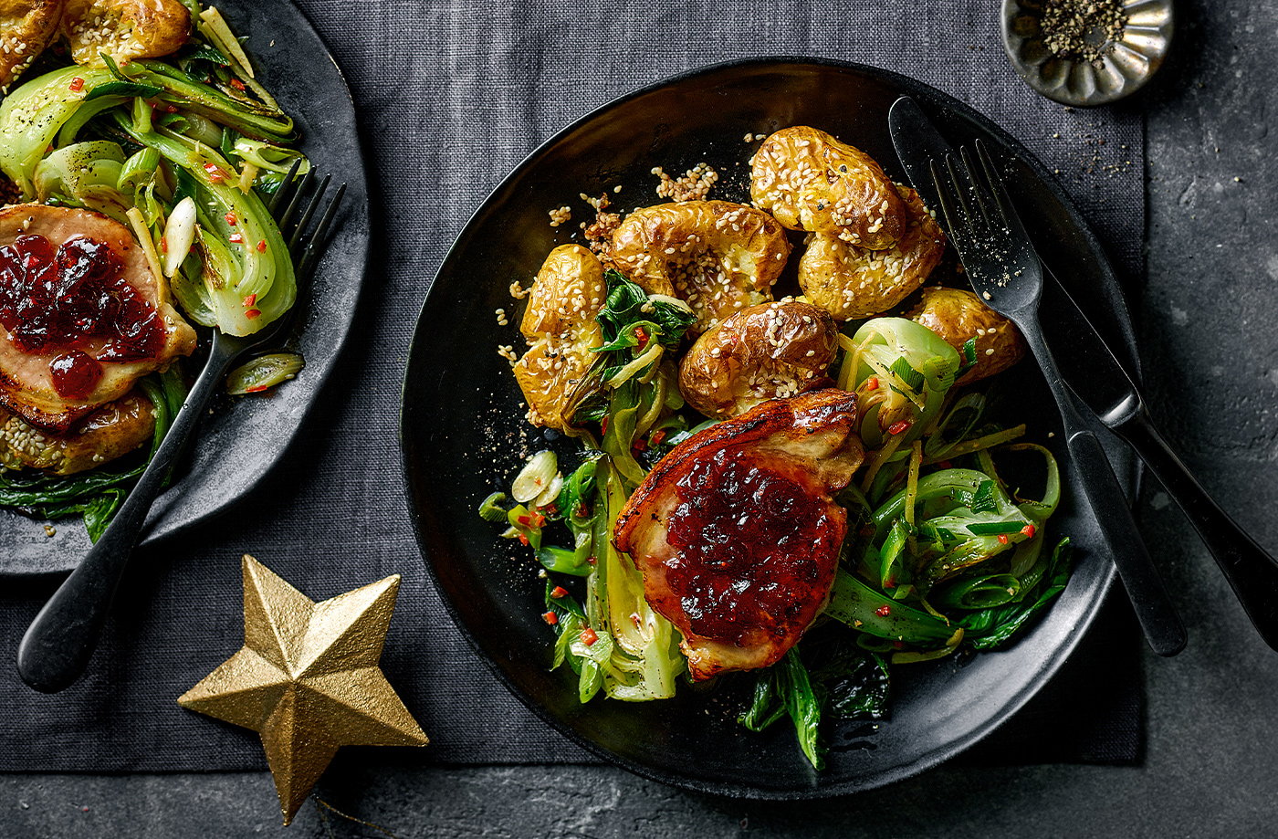 Cranberry pork with sesame potatoes