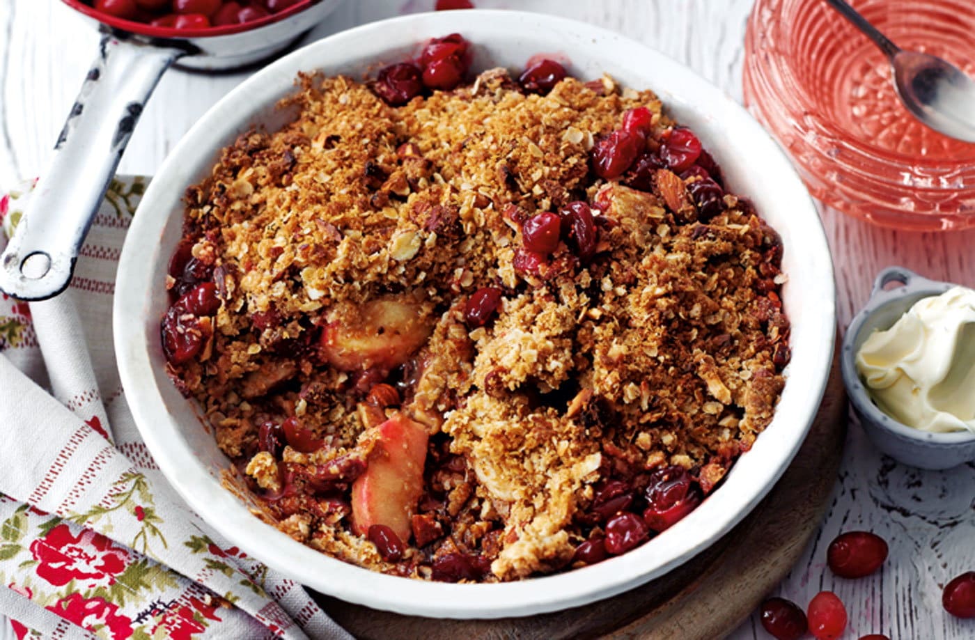 Apple and cranberry Brown Betty with almond crumbs
