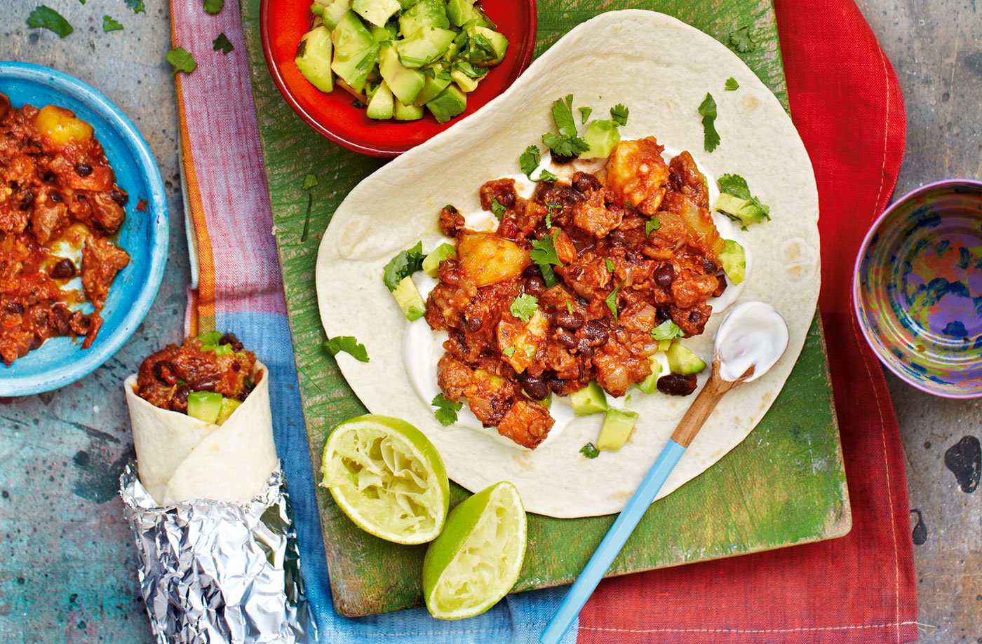 Beef and chorizo burritos with avocado salsa