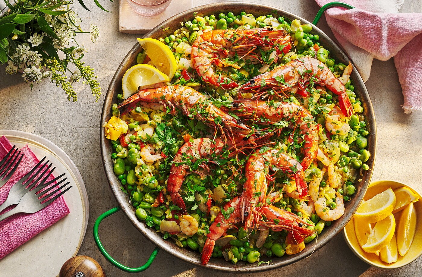 BBQ prawn, pea and lemon paella