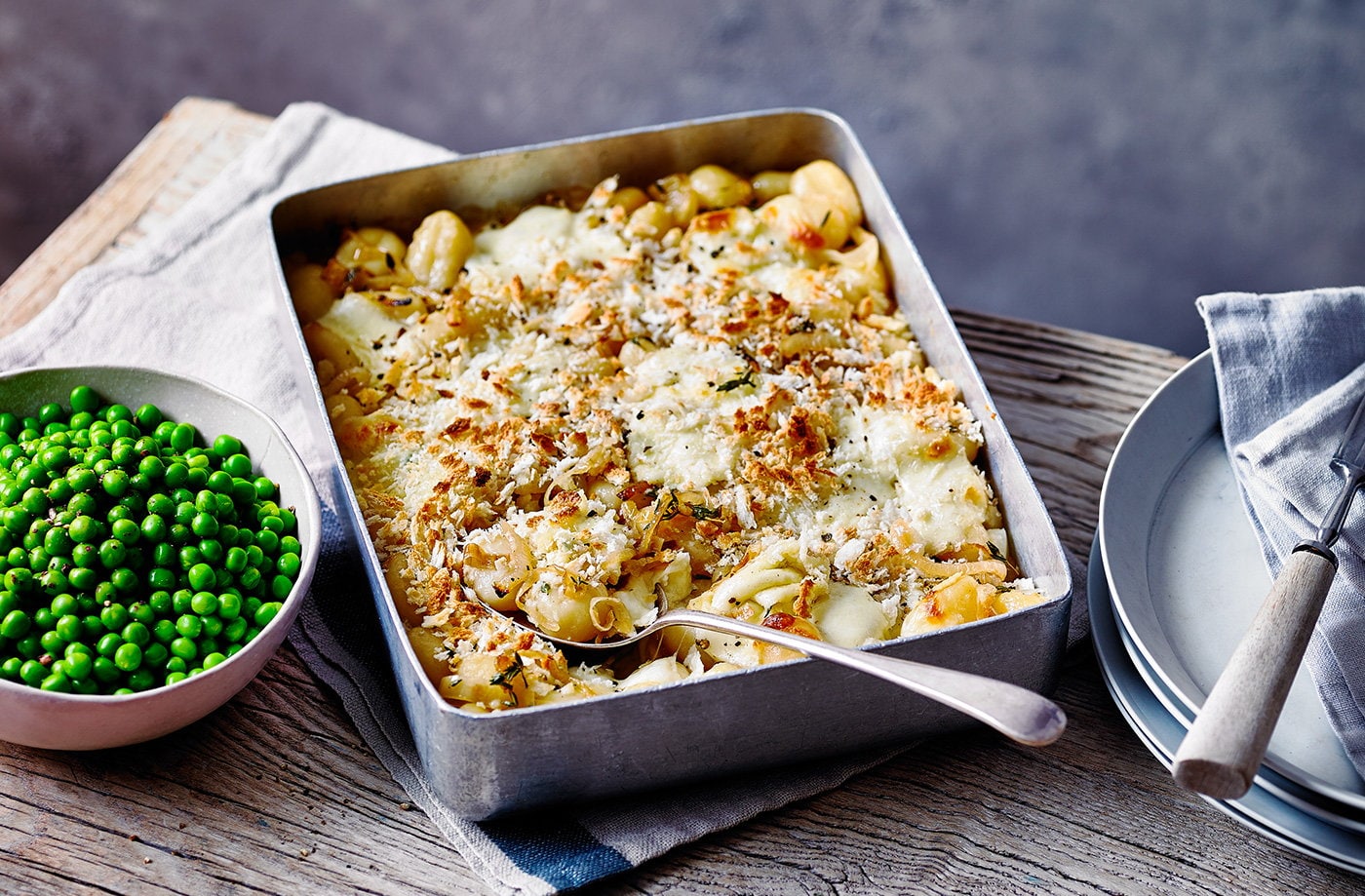 Caramelised onion gnocchi gratin