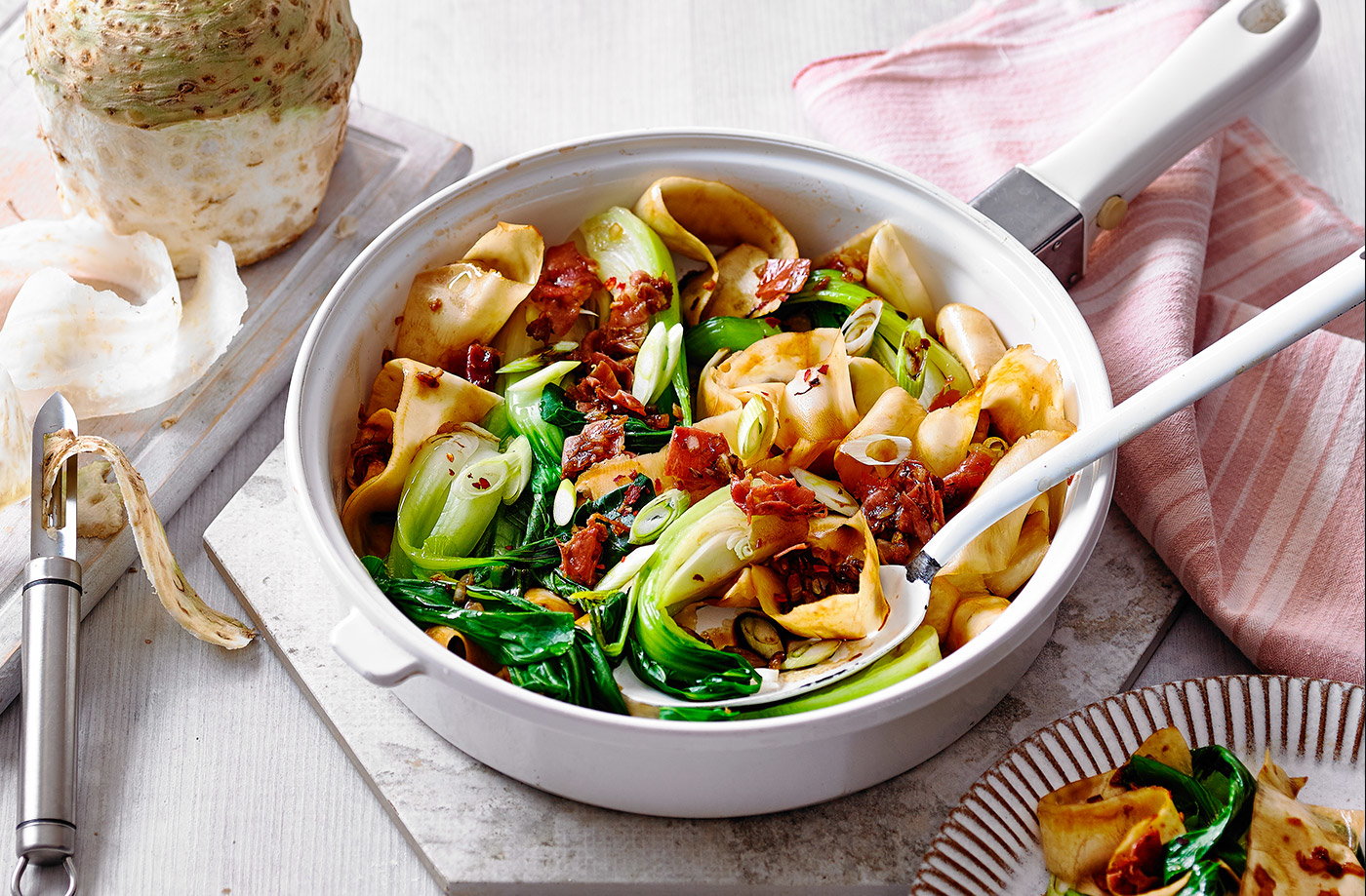 Celeriac 'noodles' with XO chilli sauce