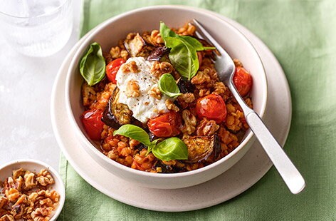 Image of "Smoky aubergine pearl barley risotto"