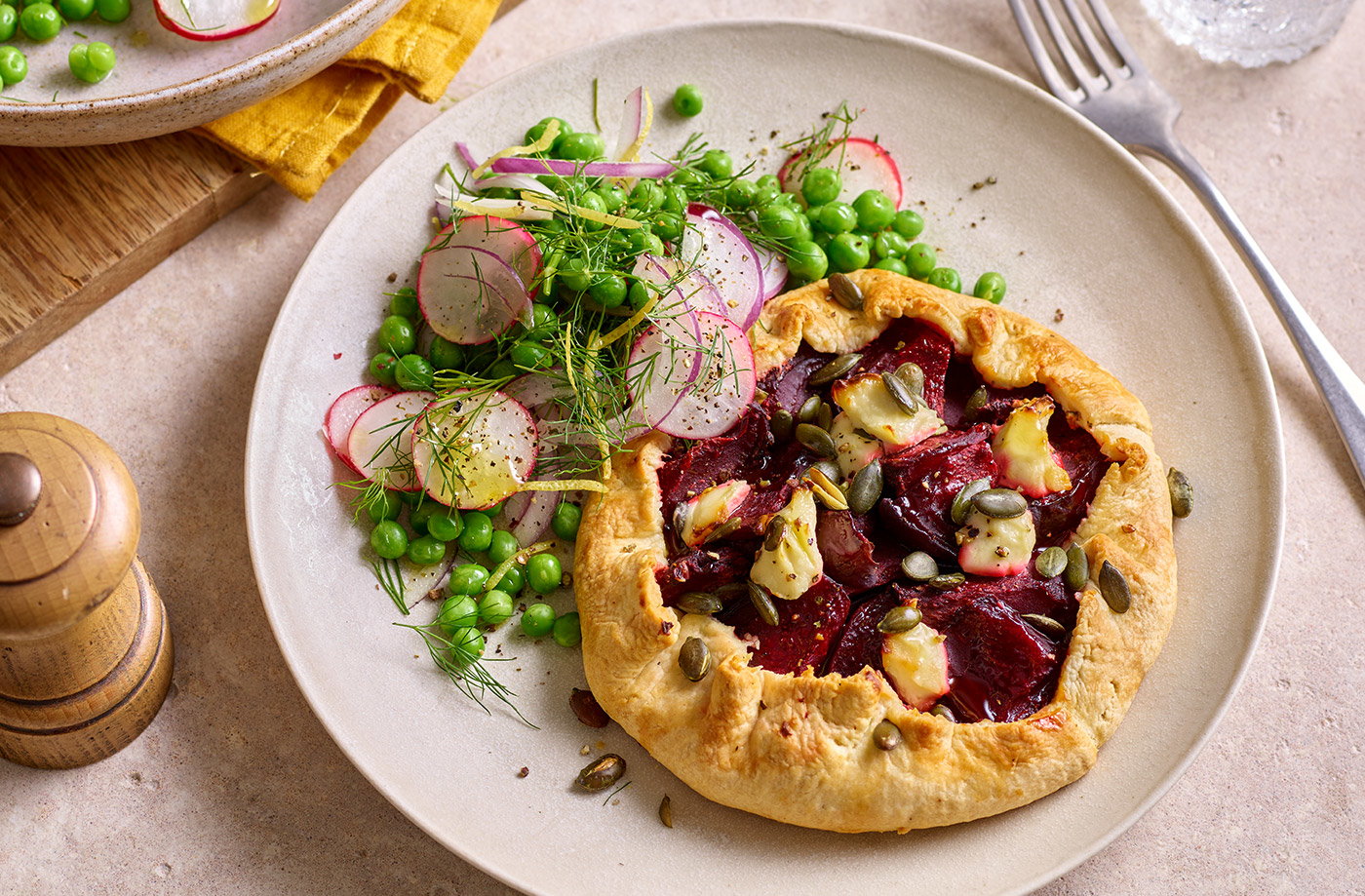 Beetroot galettes with pea and radish salad