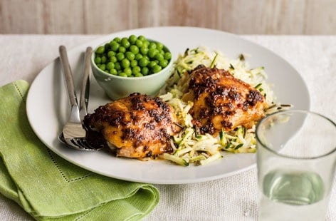 Image of "Jerk chicken with courgette wild rice and garden peas"