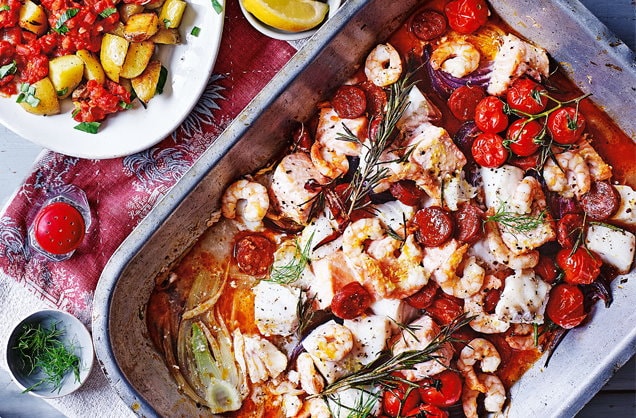 Spanish roasted fish with patatas bravas