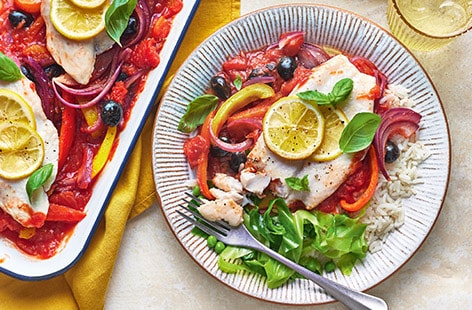 Image of "Puttanesca-style fish traybake"