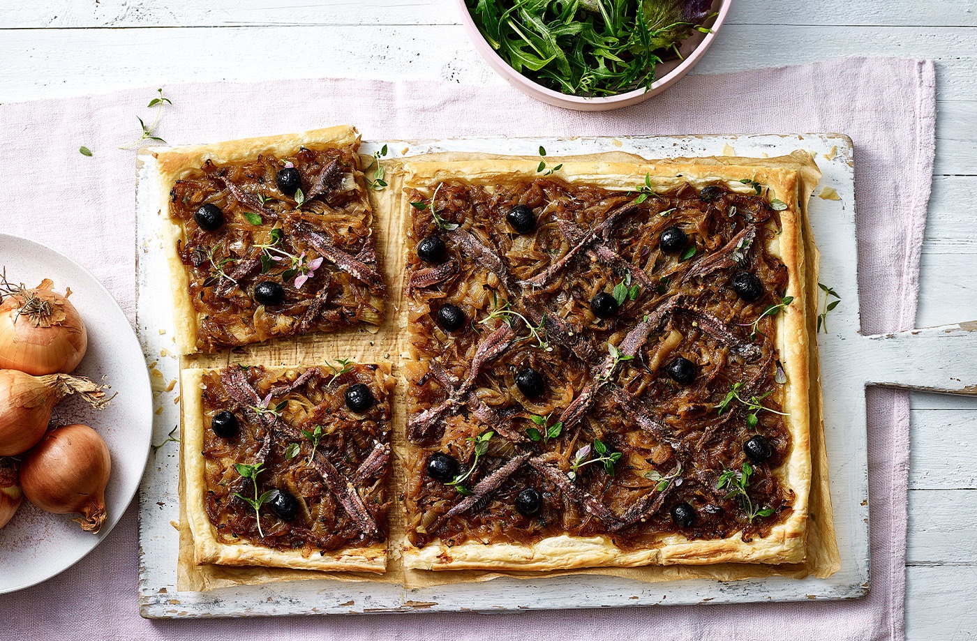 Caramelised onion, anchovy and thyme tart