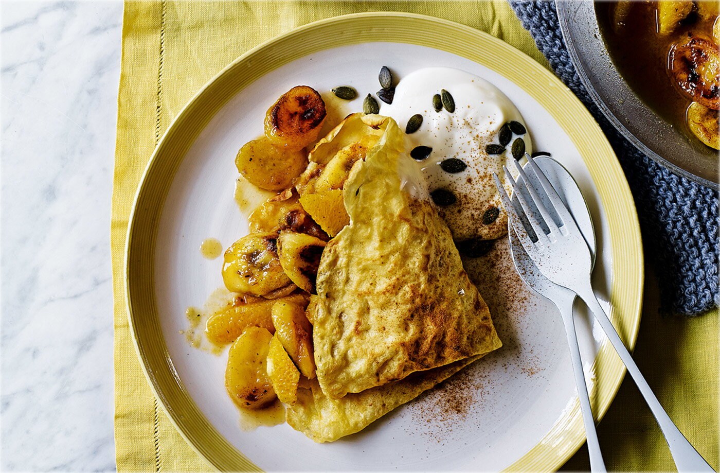 French crêpes with caramelised bananas and oranges