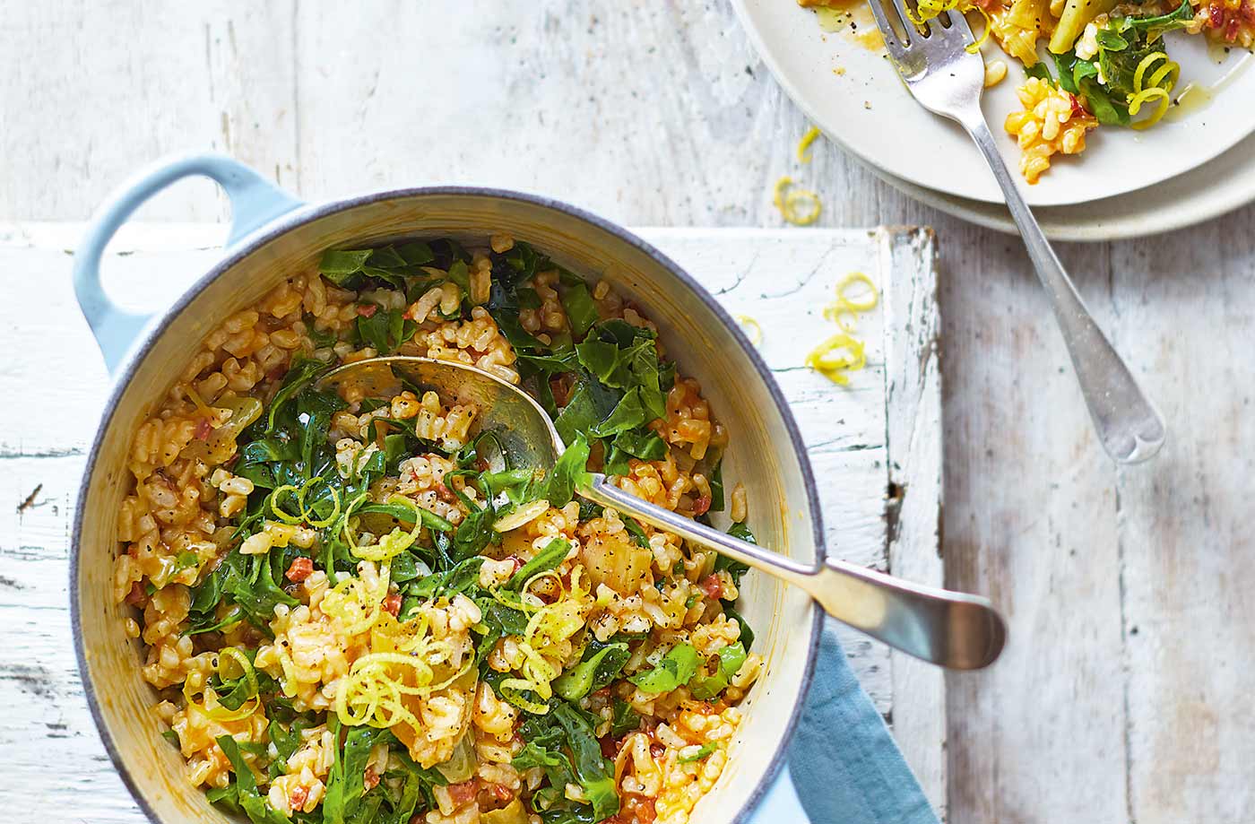 Baked chorizo and spring greens risotto