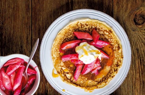 Image of "Stewed rhubarb with soured cream and maple syrup"