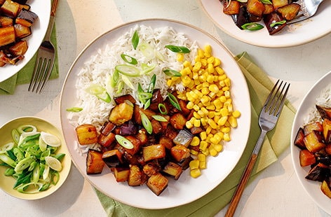 Image of "Honey soy aubergine stir fry with rice"