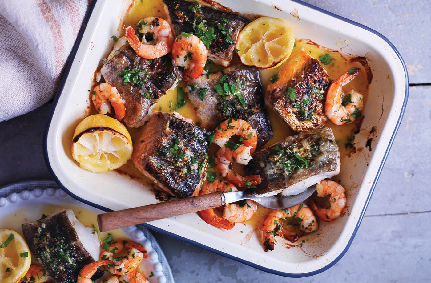Mixed seafood roast with lemons and gremolata