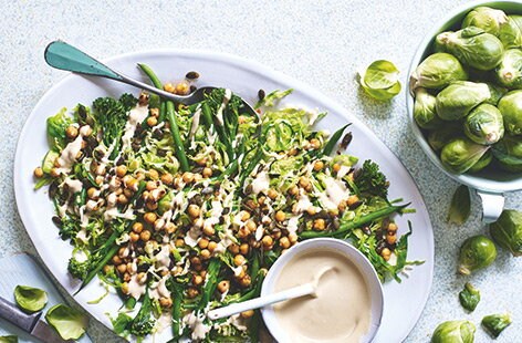 Image of "Shredded sprout and chickpea salad with maple-tahini dressing"