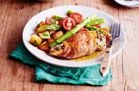 Image of "Bacon wrapped chicken with asparagus salad"