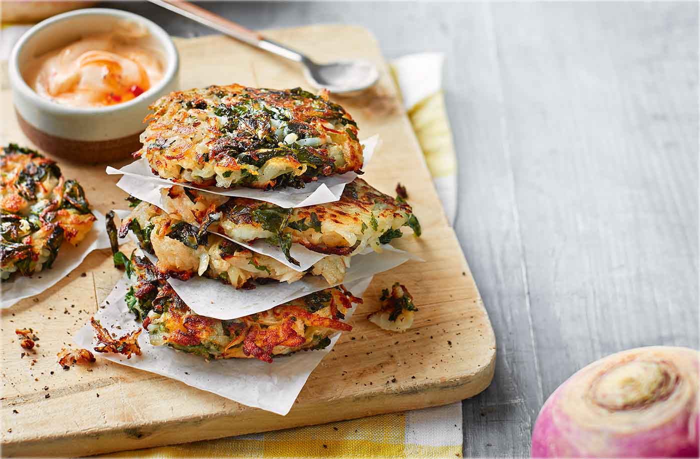 Turnip and kale rostis with chilli mayo