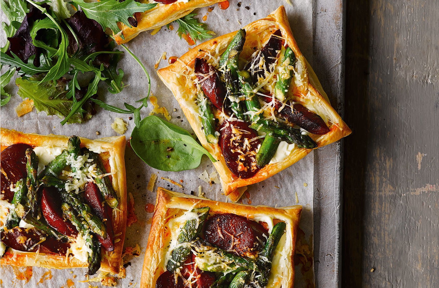 Chorizo, asparagus and manchego tarts