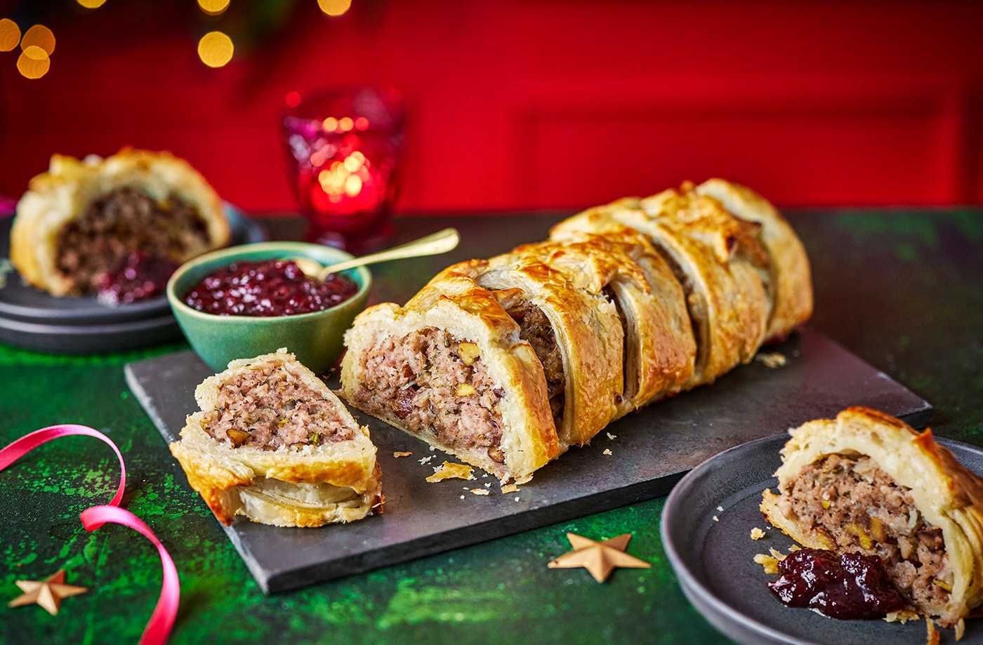 Sausage and chestnut plait with cranberry ketchup