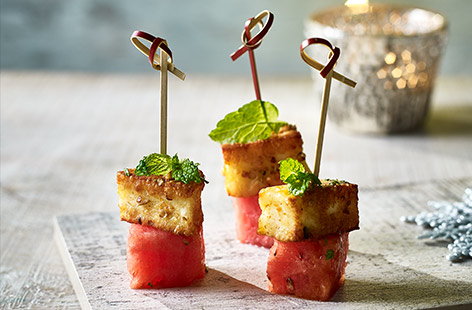 Image of "Dukkah-crusted halloumi and watermelon skewers"