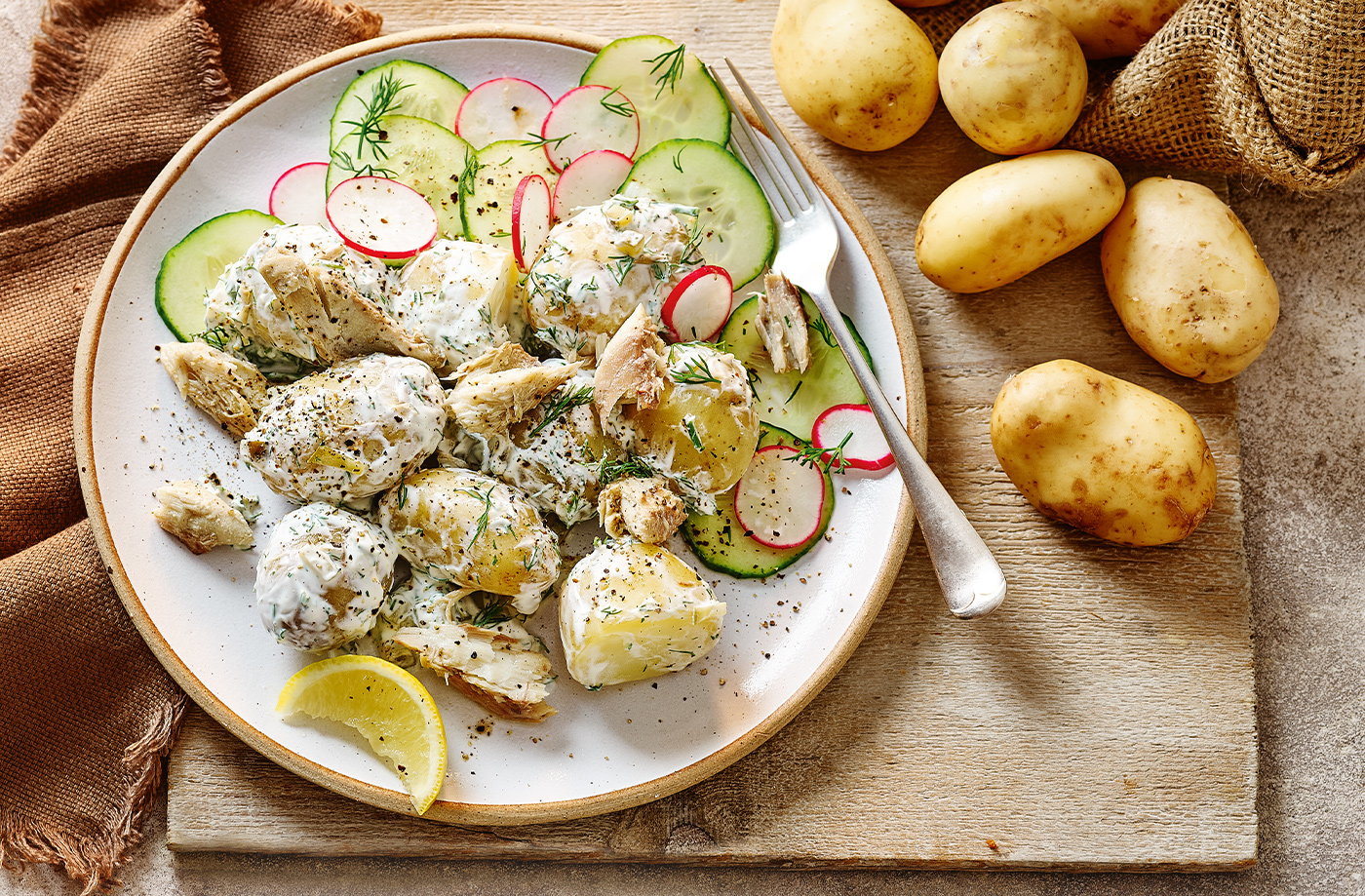 New potato and mackerel salad with lemon soured cream