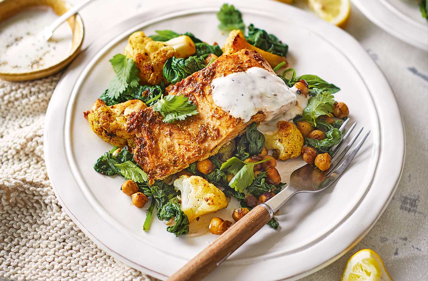 Spiced salmon with chickpeas and spinach