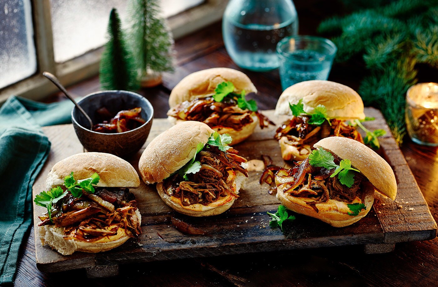 Spiced pulled pork sliders with balsamic onions