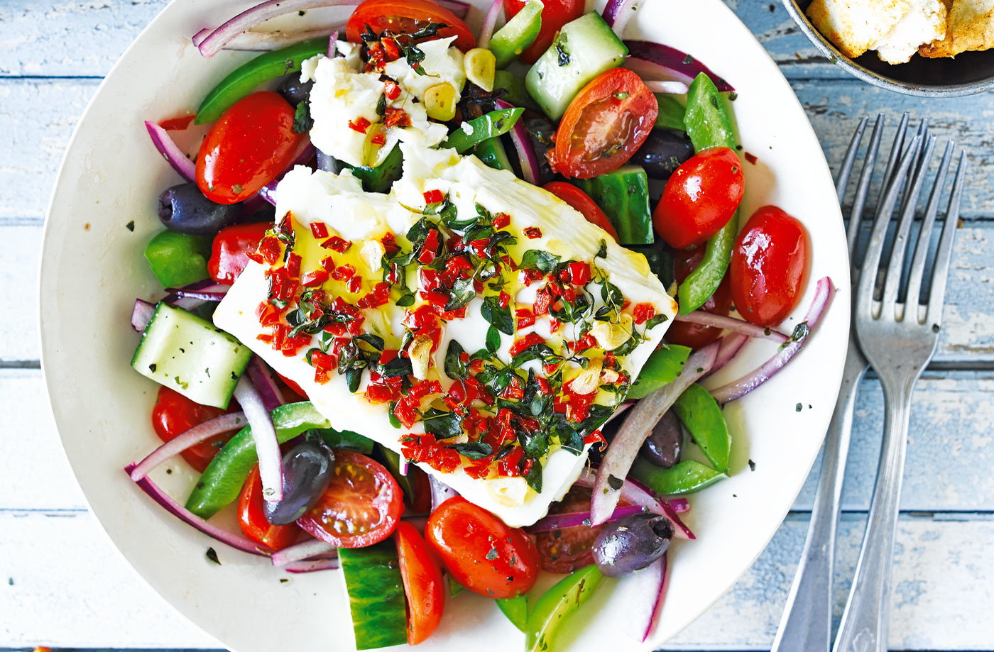 Baked feta with Greek salad and pitta chips