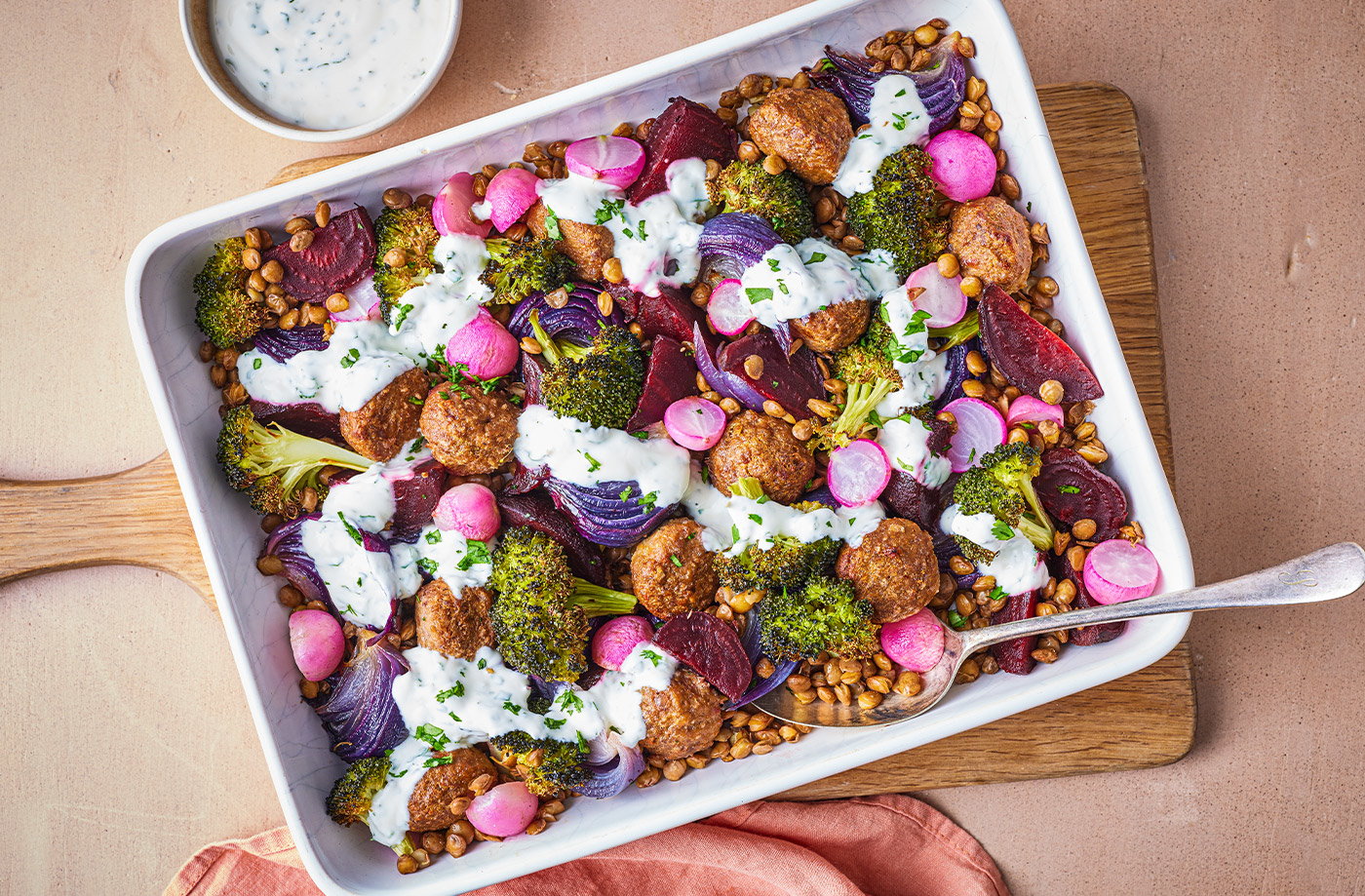 Meatball, beetroot and lentil bake