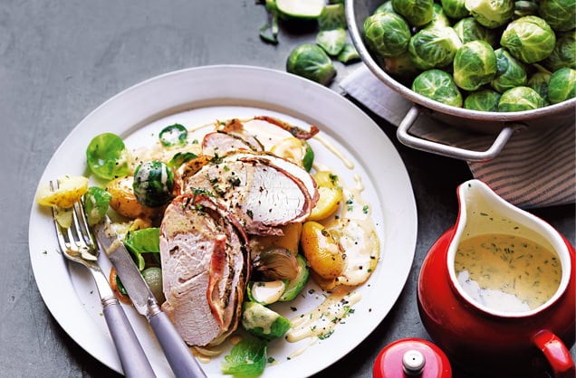 Pancetta-wrapped turkey with roasted sprouts