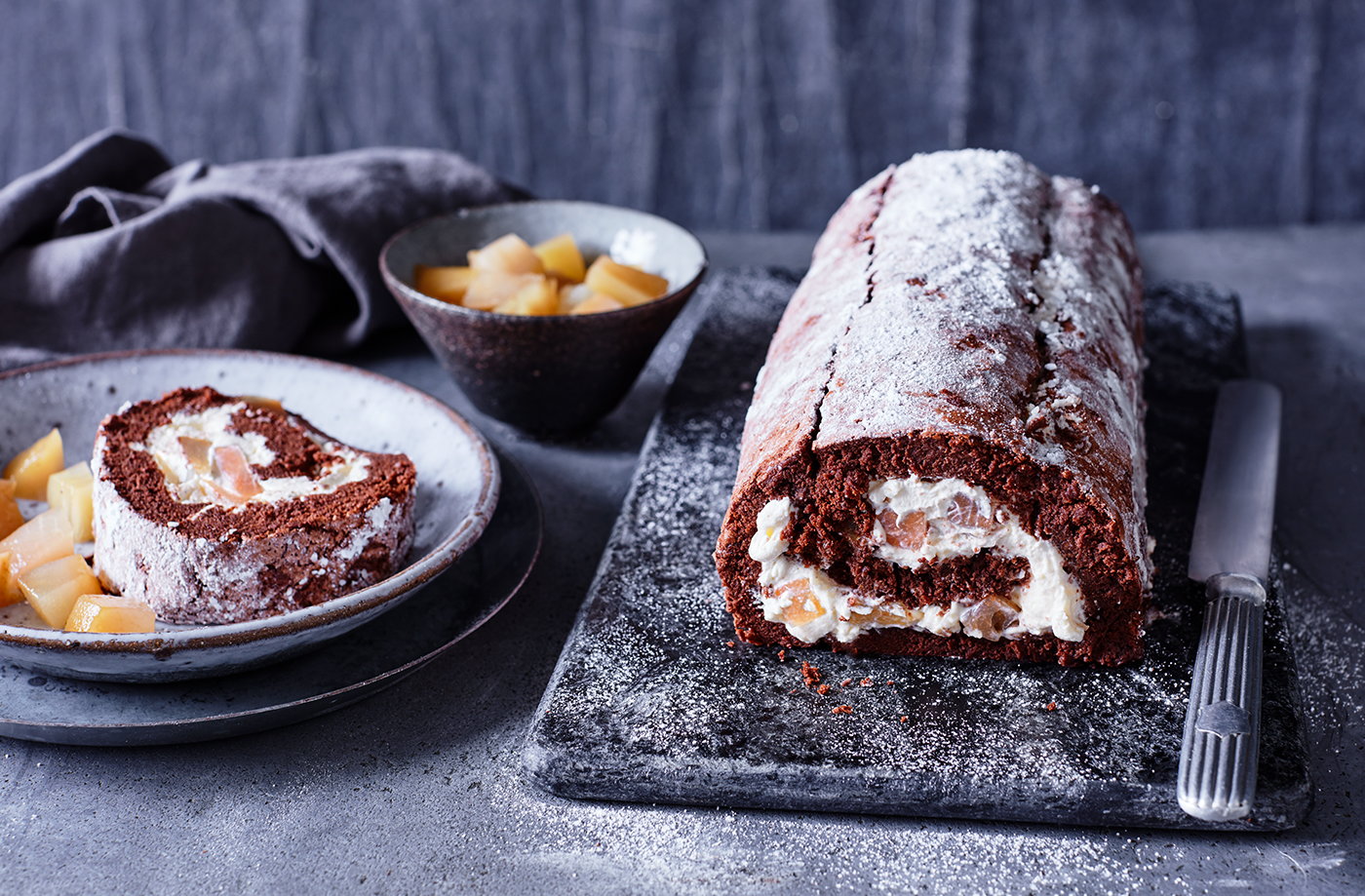 Pear and whisky chocolate roulade
