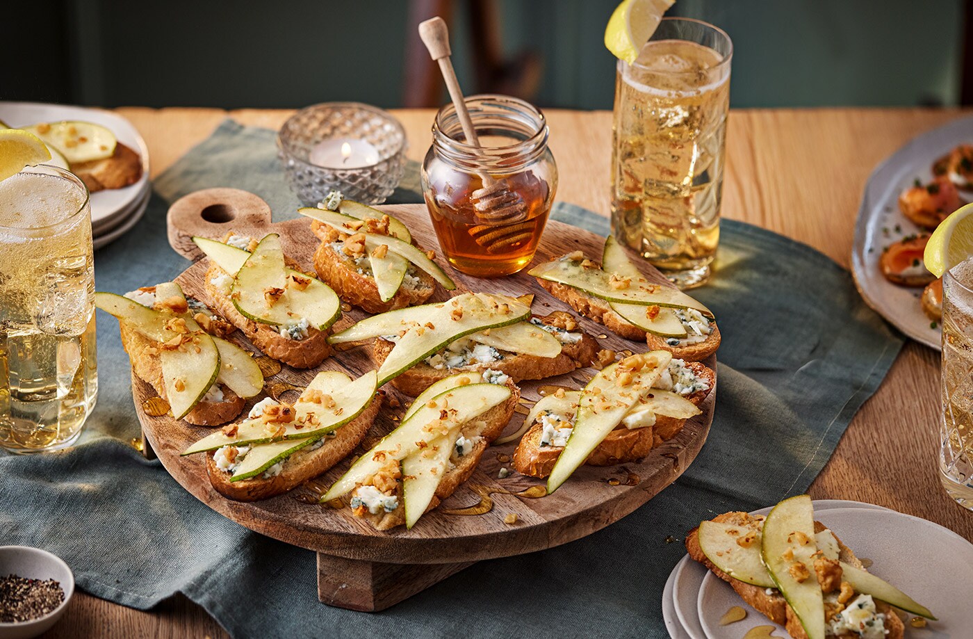 Roquefort, pear and walnut crostini