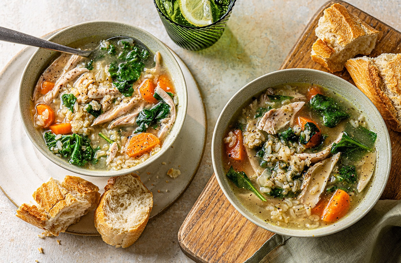 Chicken, greens and grains soup