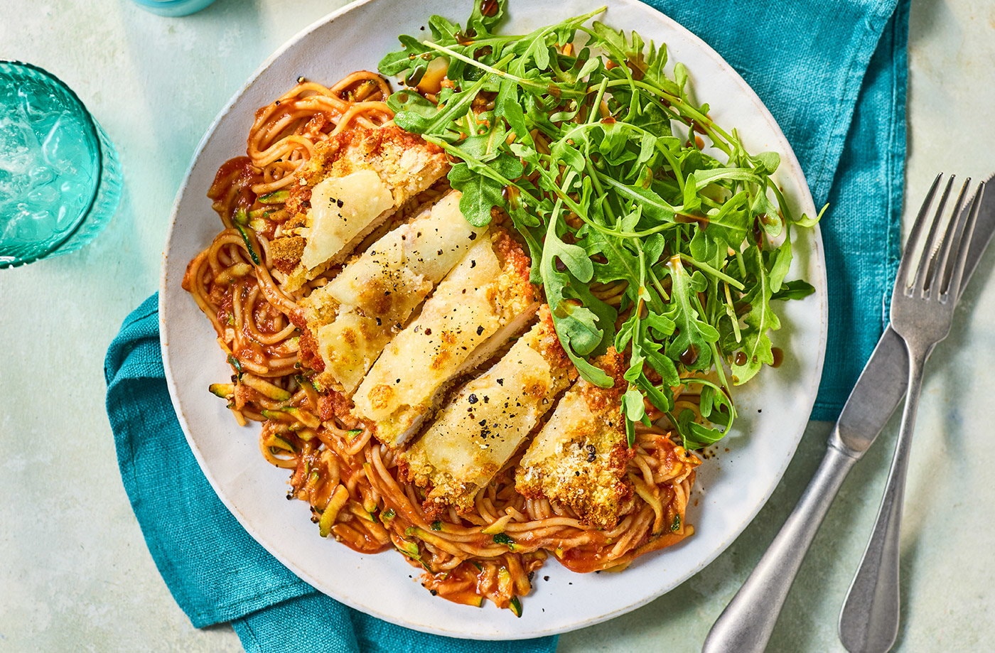 Air-fryer chicken parmigiana with spaghetti