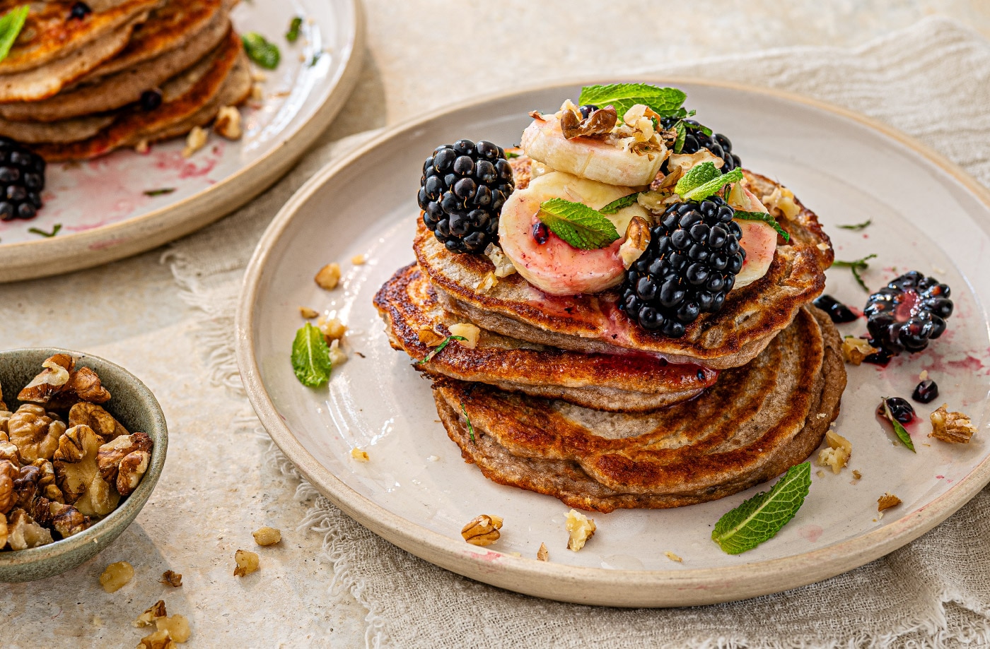 Spiced banana and walnut pancakes