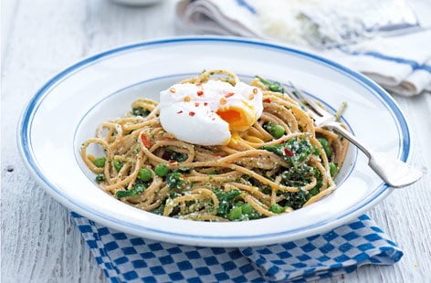 Image of "Wholewheat spaghetti with kale pesto, ricotta and poached egg"