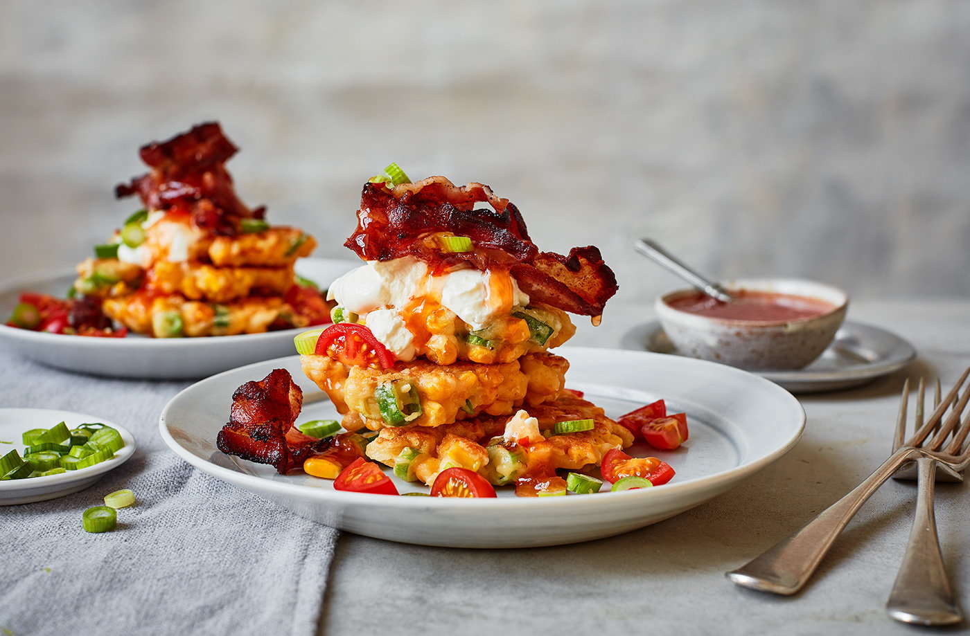 Sweetcorn fritters with crispy bacon