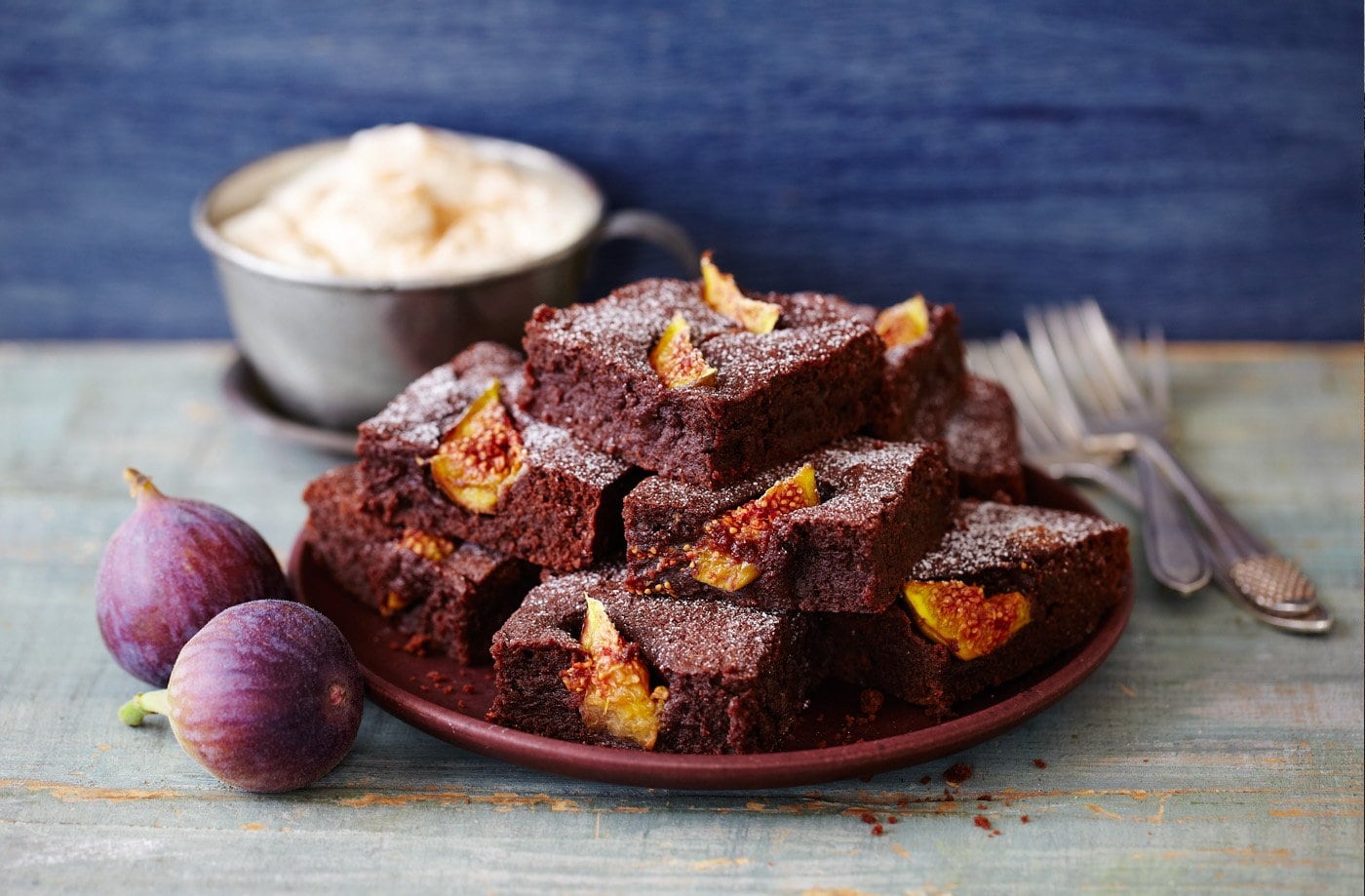 Chocolate and fig brownies with spiced crème fraîche