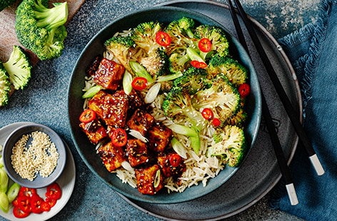 Image of "Sticky soy and ginger tofu with charred broccoli"
