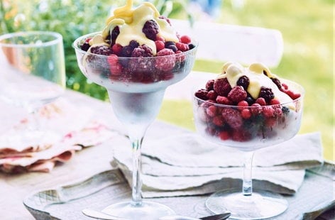 Image of "Frozen berries with hot white chocolate sauce"