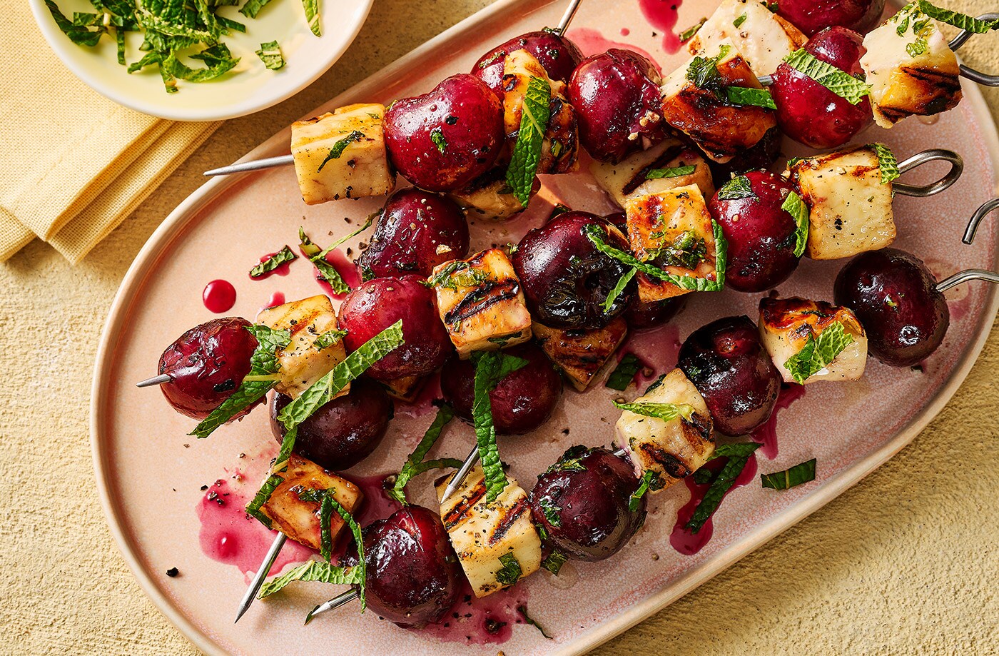 Cherry and hot honey halloumi skewers