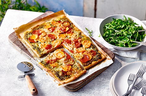 Image of "Sweet potato, pesto and pepperoni pizza"