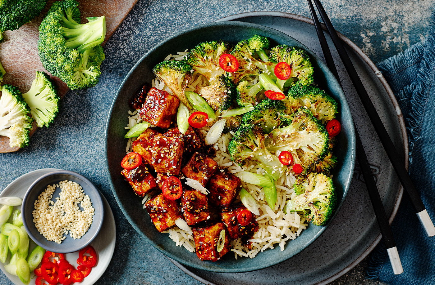 Sticky soy and ginger tofu with charred broccoli