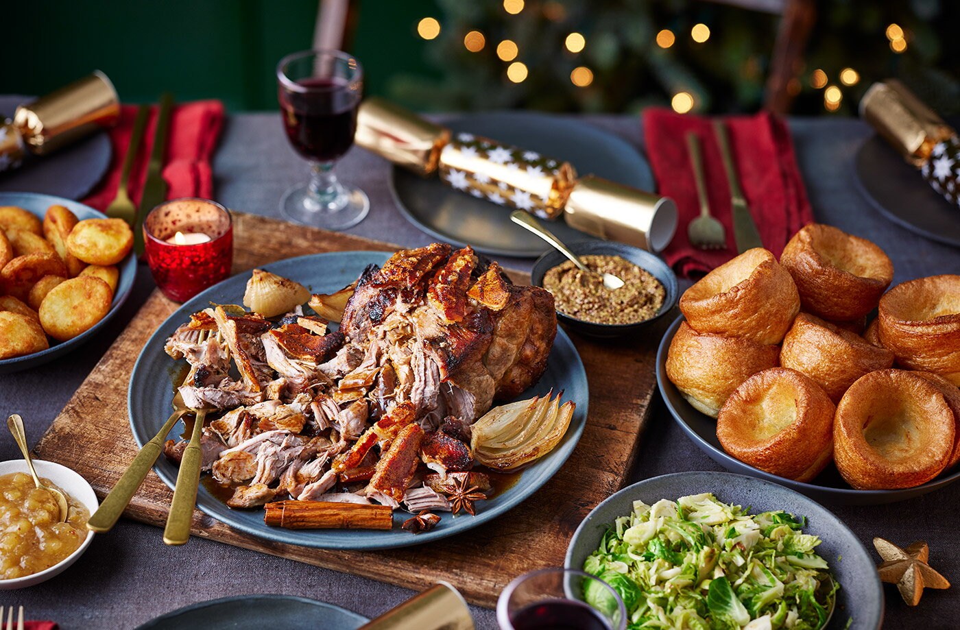 Spiced mulled pulled pork with Yorkshire puddings and shredded sprouts