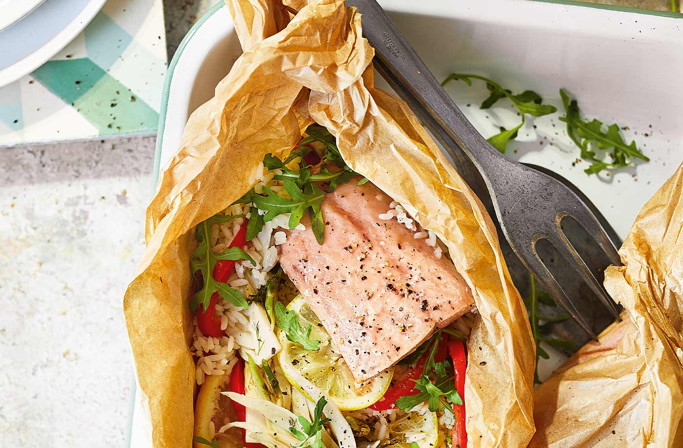 Salmon and rice parcels